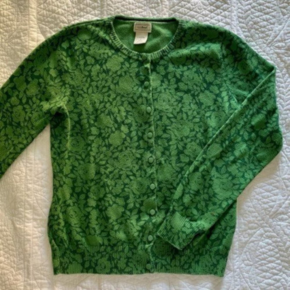 LL Bean Green Floral Print Cardigan